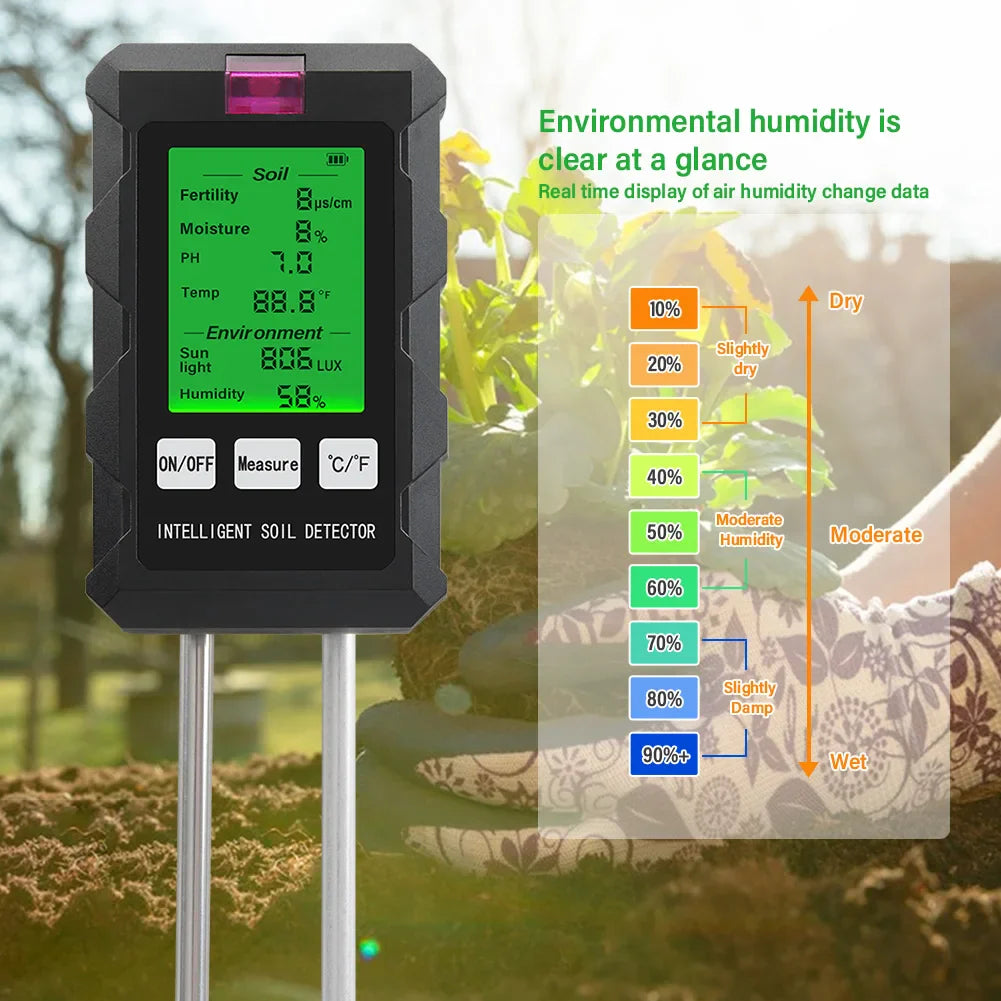 Digital 6 in 1 Soil Tester - pH, Fertility, Moisture, Sunlight, Humidity & Temperature Monitor for Garden Soil Analysis