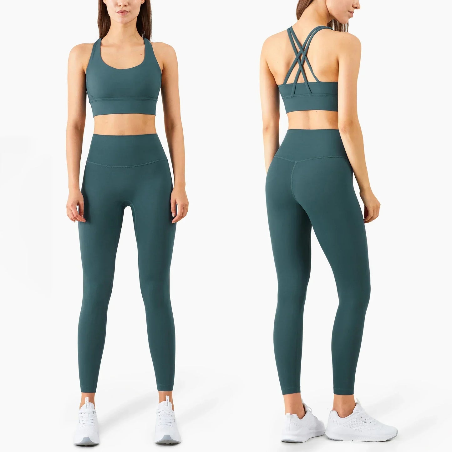 Summer 2 Piece Women's Yoga Tracksuit - Cross-Back Nylon Top and Leggings Athletic Set for Pilates and Fitness