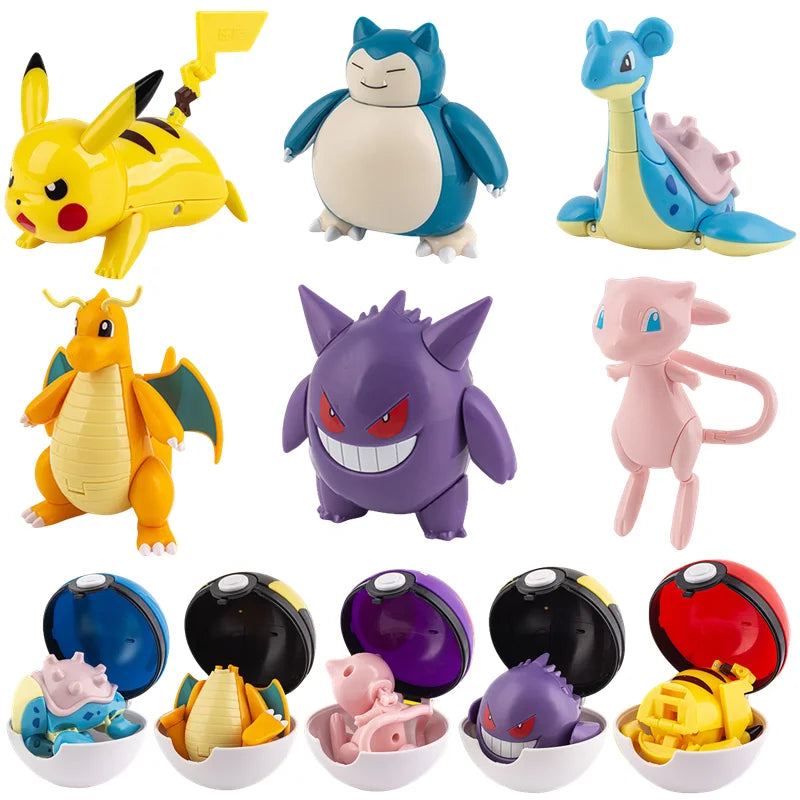 Pokemon Action Figures Set – Pikachu, Gengar, Dragonite, Snorlax & Pokeball Toys