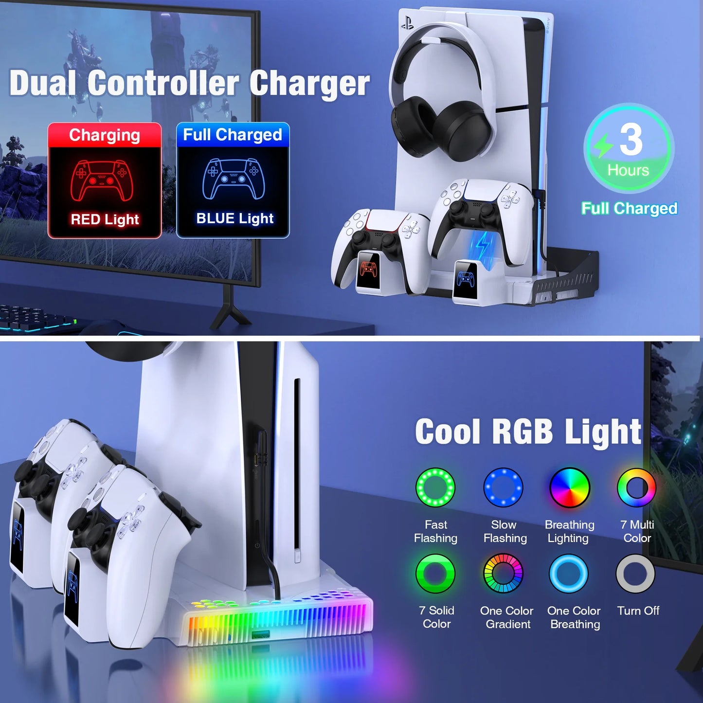 DinoFire RGB Cooling Stand for PS5 & PS5 Slim – Controller Charger Wall Mount Cooling Base for PlayStation 5 Console
