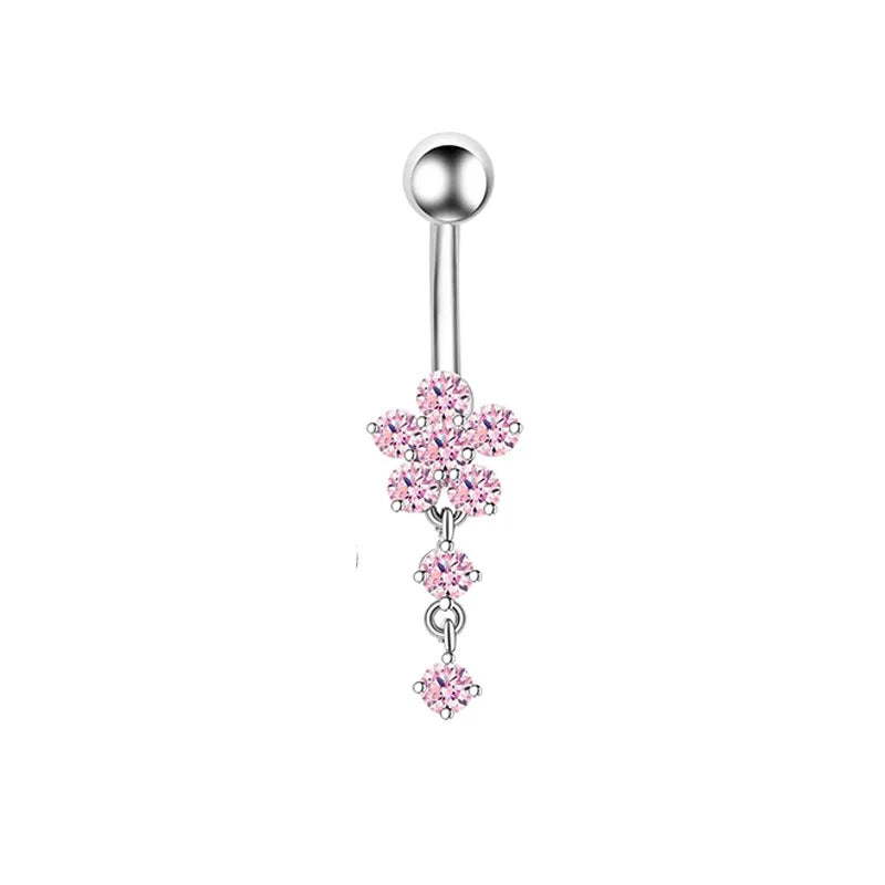 Pink Crown Belly Button Ring – Stainless Steel Heart Navel Piercing Barbell with Crystal for Women & Girls