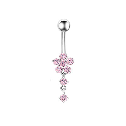 Pink Crown Belly Button Ring – Stainless Steel Heart Navel Piercing Barbell with Crystal for Women & Girls