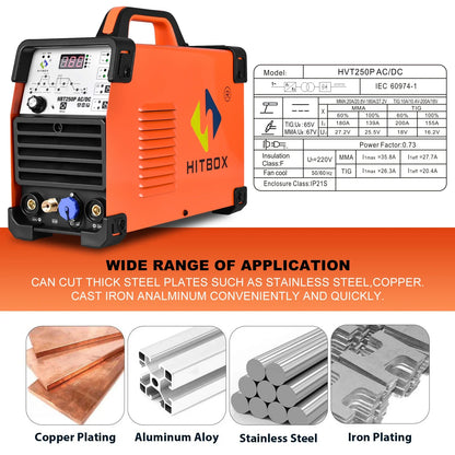 HITBOX 200A 6-in-1 HF TIG AC/DC Aluminum Welder — MMA ARC Argon Digital Pulse Stainless Welding Machine, 2T/4T HBT250P 220V