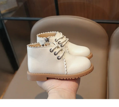 Girls’ Leather Ankle Boots 2024 — Spring & Autumn Lace-Up Side Zipper Rubber Boots, Sizes 21-30
