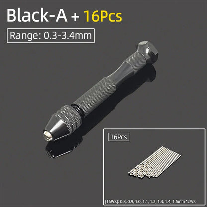 Mini Aluminum Hand Drill 0.3–3.4mm – Keyless Chuck Micro Rotary Tool with HSS Twist Drill Bit Set for Wood & DIY Crafts