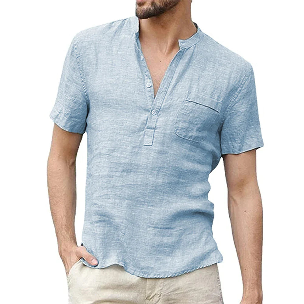 Men’s Summer Cotton Linen Short Sleeve T-Shirt Breathable Casual Loose Fit LED Style Tee Shirt S-3XL Comfort Wear