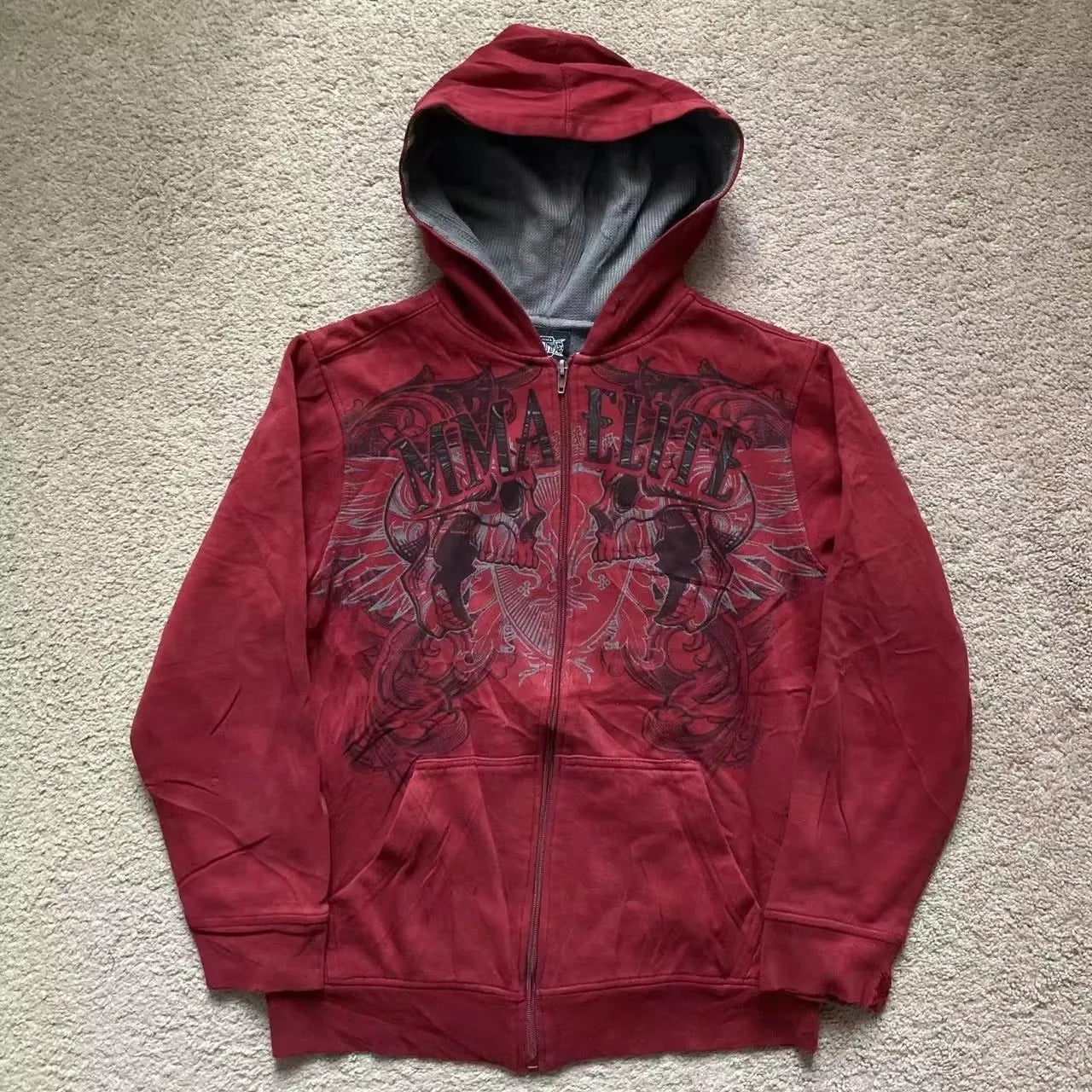 2000s Red Couple Zipper Hoodie – Vintage Y2K Skull Snake Cotton Full-Zip Sweatshirt