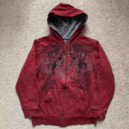 2000s Red Couple Zipper Hoodie – Vintage Y2K Skull Snake Cotton Full-Zip Sweatshirt