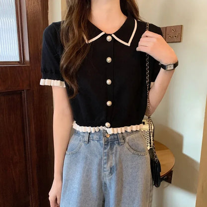 Women’s Summer Knitted Blouse — Chic Retro Slim Short Sleeve Crop Top, All-Match Style