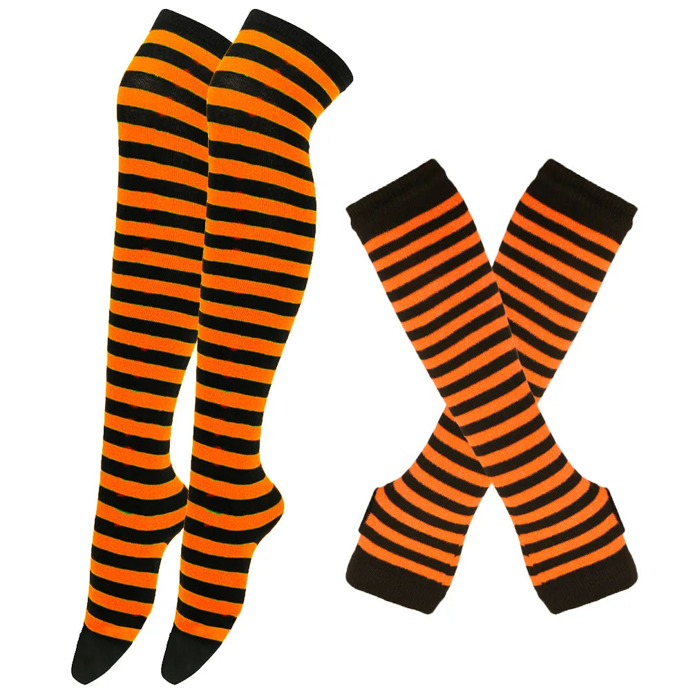 Women & Girls Over Knee Long Stripe Printed Thigh High Cotton Socks – Cute Plus Size Arm Sleeve Gloves & Overknee Socks