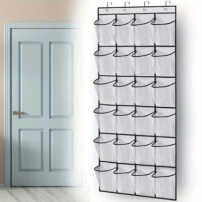 24-Grid Wall-Mounted Shoe Organizer – Fabric Closet Storage Rack with Mesh Pockets, Clear Hanging Over-the-Door Cloth Bag