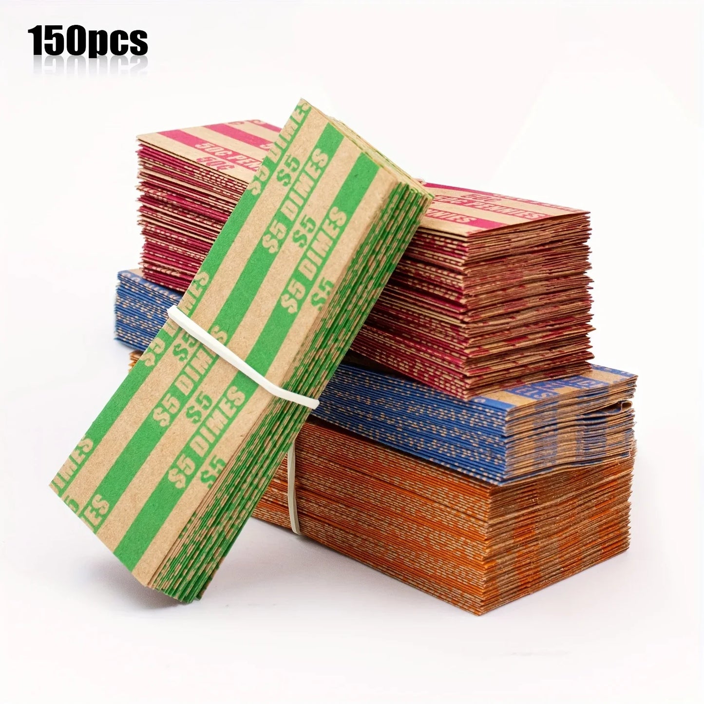 150pcs Assorted Coin Wrappers – ABA Standard Flat Striped for Quarters, Dollars, Dimes, Nickels & Pennies