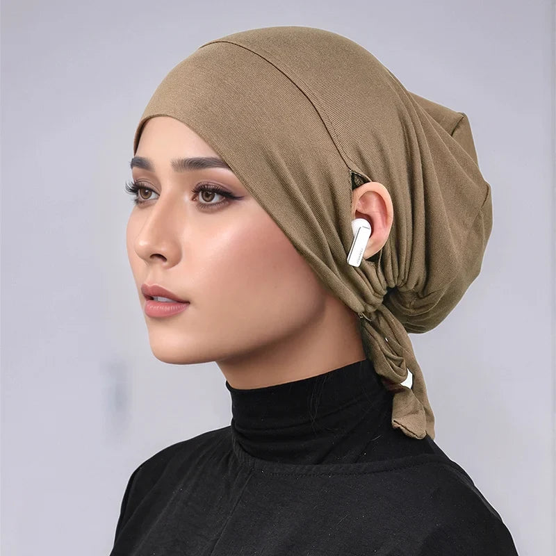 Women’s Tie-Back Jersey Hijab Cap - Stretchy Elastic Muslim Inner Underscarf with Ear-Covering Design