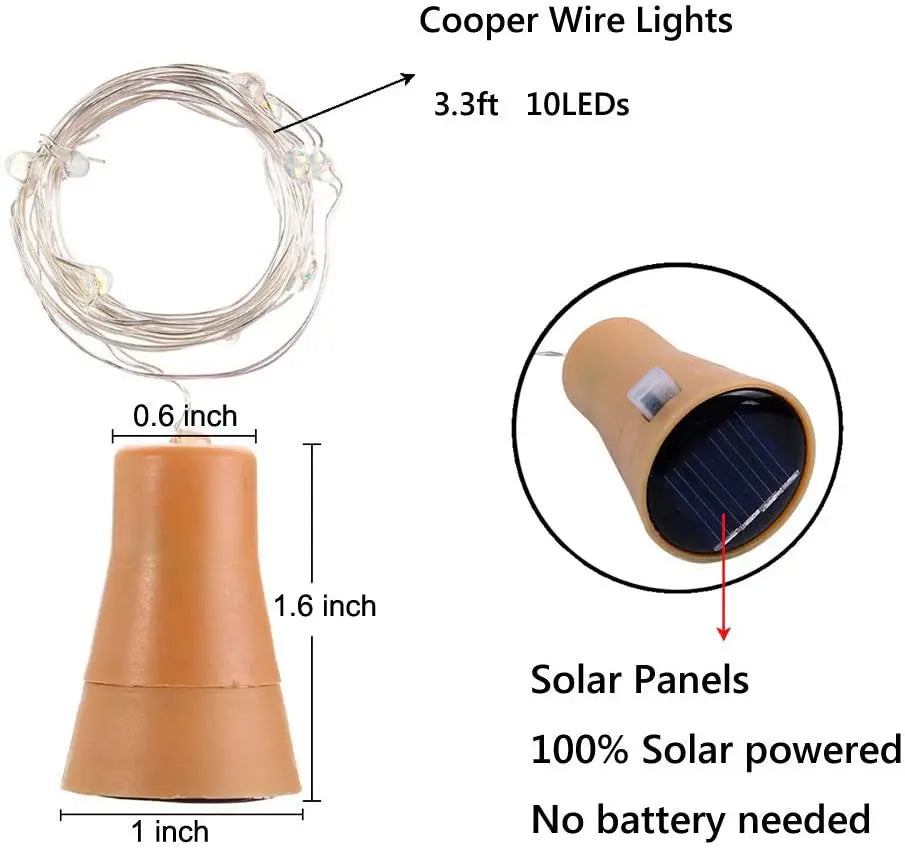 Solar Wine Bottle Lights – 10LED/15LED/20LED Cork Shape Fairy Lights, Copper Wire Garland for Christmas & Home Room Decoration