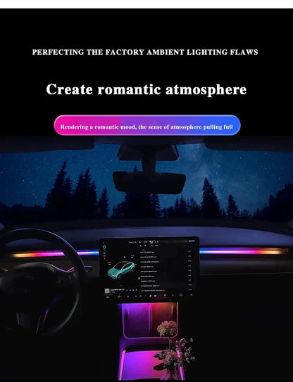 2-in-1 Dynamic Neon RGB Car LED Ambient Lighting – Auto OFF 60s Module for Tesla Model 3 & Y Dashboard Decoration