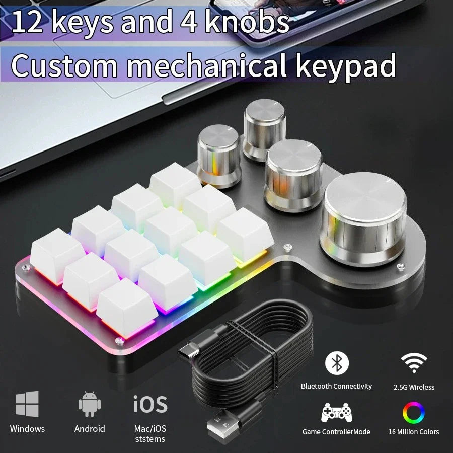 12-Key 4-Knob RGB Programming Macro Keyboard – Hot Swappable Mechanical Gaming Macropad for Photoshop, Editing & Custom Shortcuts