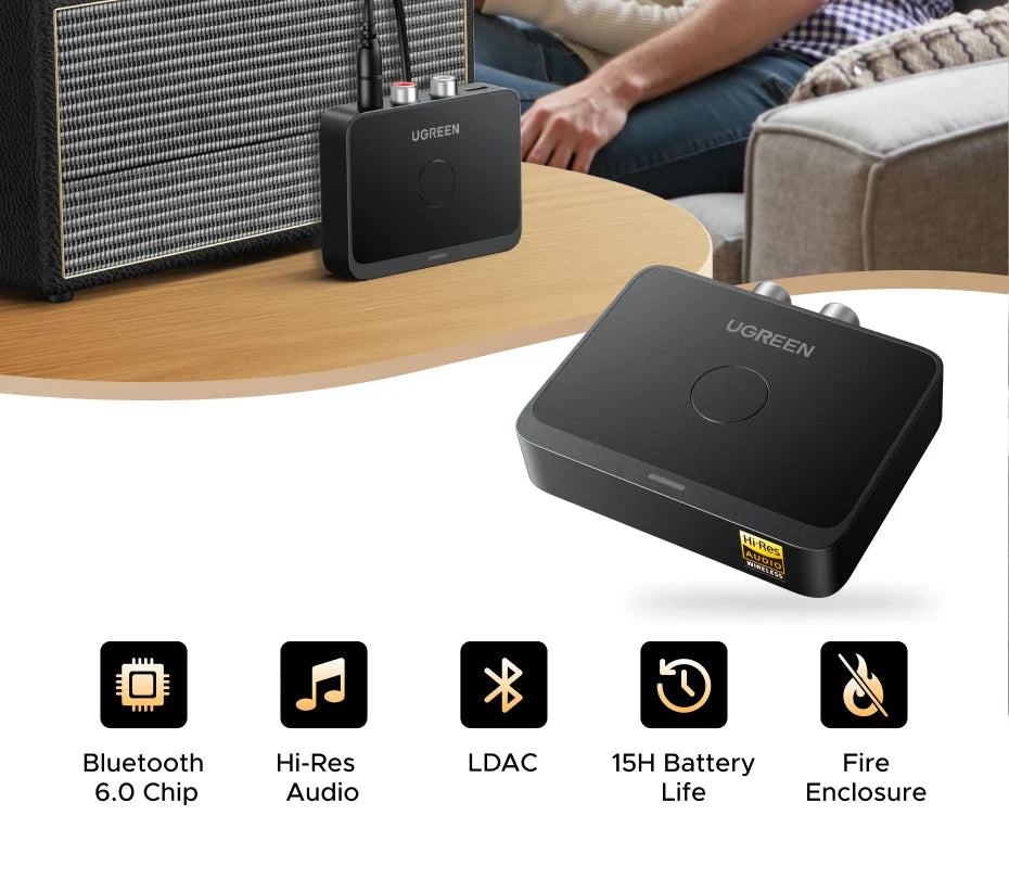 UGREEN AUX Bluetooth Receiver LDAC AAC – Hi-Fi 3.5mm Jack to 2RCA Audio Adapter with Bluetooth 6.0, 15h Playtime for Car Speaker & PC