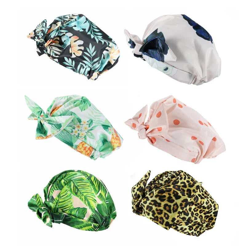Stylish Waterproof Shower Cap - Striped Bath Cap with Adjustable Elastic Band for Women with Long Thick Hair