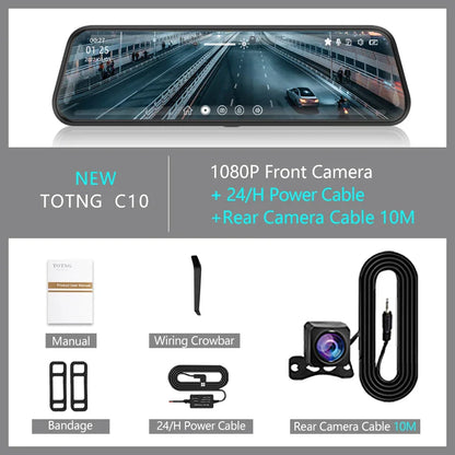 10-Inch Mirror Camera for Car – Touch Screen Video Recorder, Front & Rear Dash Cam, Rearview Mirror DVR Black Box