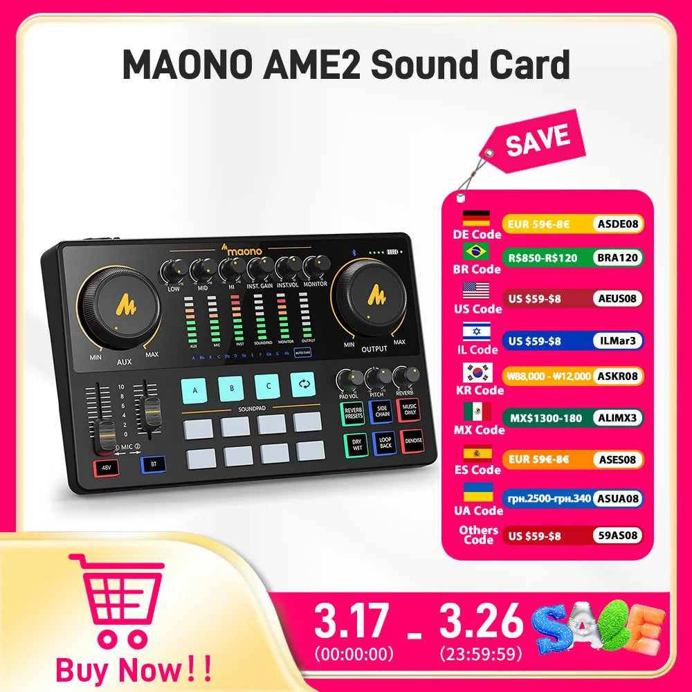 Maono AME2 Portable Audio Interface Sound Card – All-in-One DJ Mixer for Podcast Recording, Live Streaming, YouTube & Guitar PC