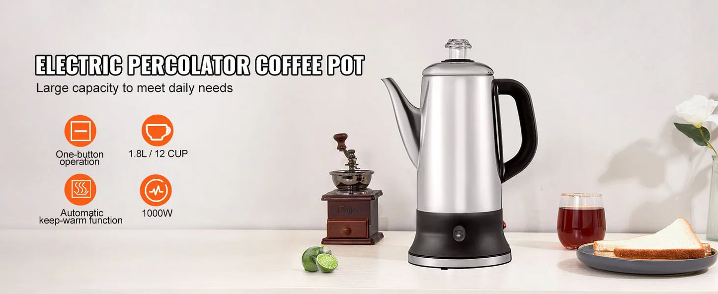 SucceBuy 12-Cup Electric Coffee Percolator – 304 Stainless Steel with Keep Warm Function