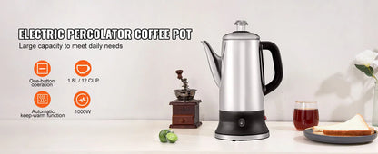SucceBuy 12-Cup Electric Coffee Percolator – 304 Stainless Steel with Keep Warm Function