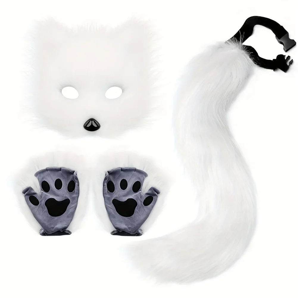 5pcs Fluffy Fur Fox Tail & Cat Paws Gloves Set — Wolf Mask Halloween Cosplay Costume Accessories for Theme Party Dress-Up