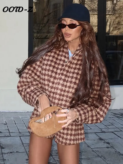 Elegant Plaid Women’s Set – Casual Full-Sleeve Zipper Jacket & High-Waist Shorts, 2025 Spring Office Outfit