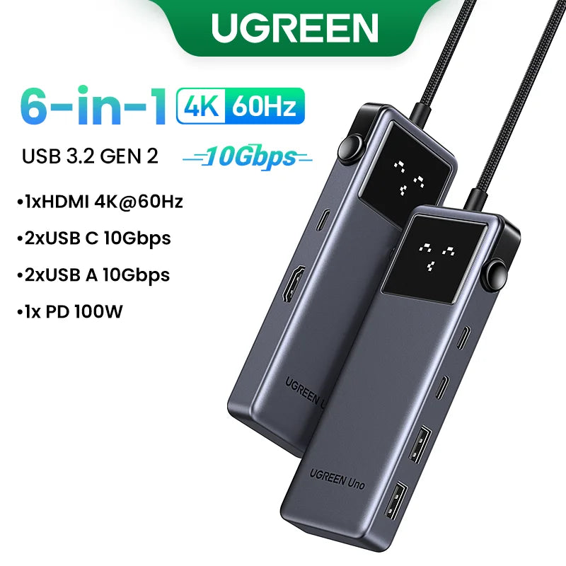 UGREEN Uno 6-in-1 USB-C Hub – 4K60Hz, PD100W, 10Gbps USB3.2 Splitter Adapter for Laptop & MacBook Pro/Air