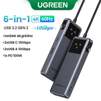 UGREEN Uno 6-in-1 USB-C Hub – 4K60Hz, PD100W, 10Gbps USB3.2 Splitter Adapter for Laptop & MacBook Pro/Air