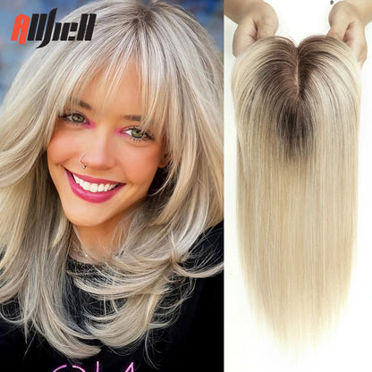 Brown Blonde Ombre Human Hair Toppers for Women – 10/12/14 Inches with Silk Base, Clips, and Bangs