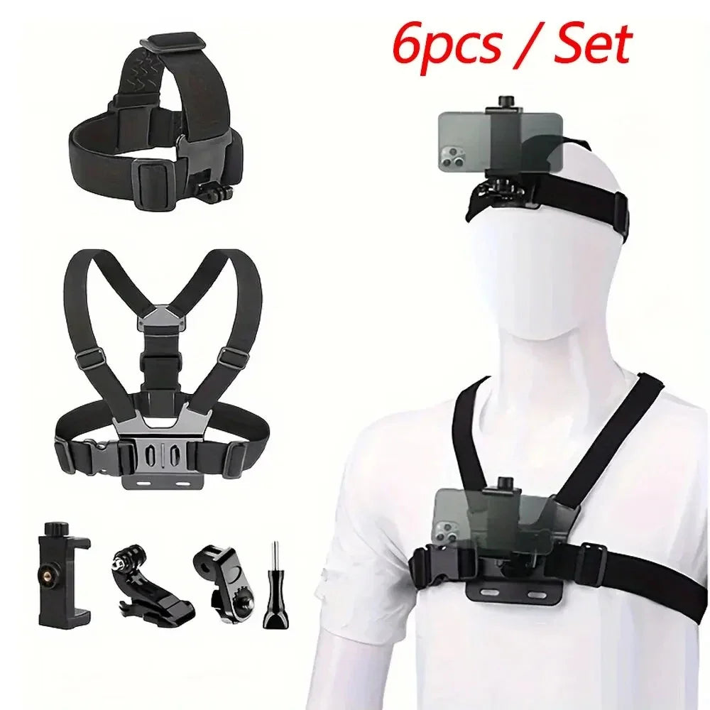 Action Camera Accessories Kit - Adjustable Head Strap & Chest Mount Holder for GoPro, DJI, Insta360 & More