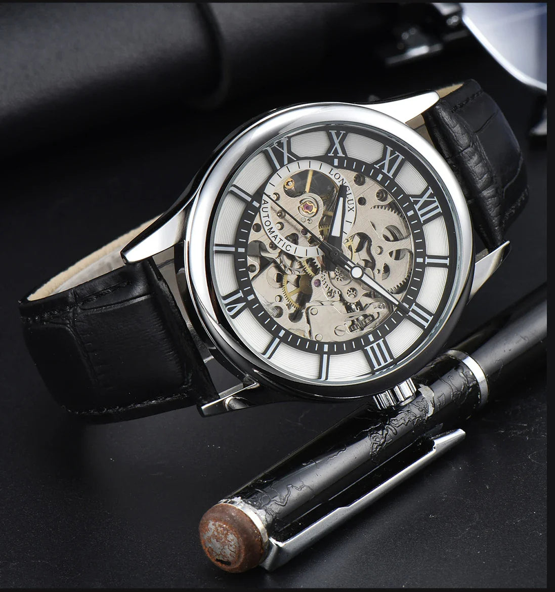 LONGLUX Rome Automatic Mechanical Waterproof Men’s Watch – Hollow Dial Leather Wristwatch Gift