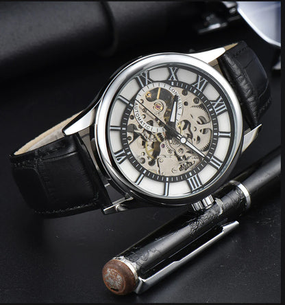 LONGLUX Rome Automatic Mechanical Waterproof Men’s Watch – Hollow Dial Leather Wristwatch Gift