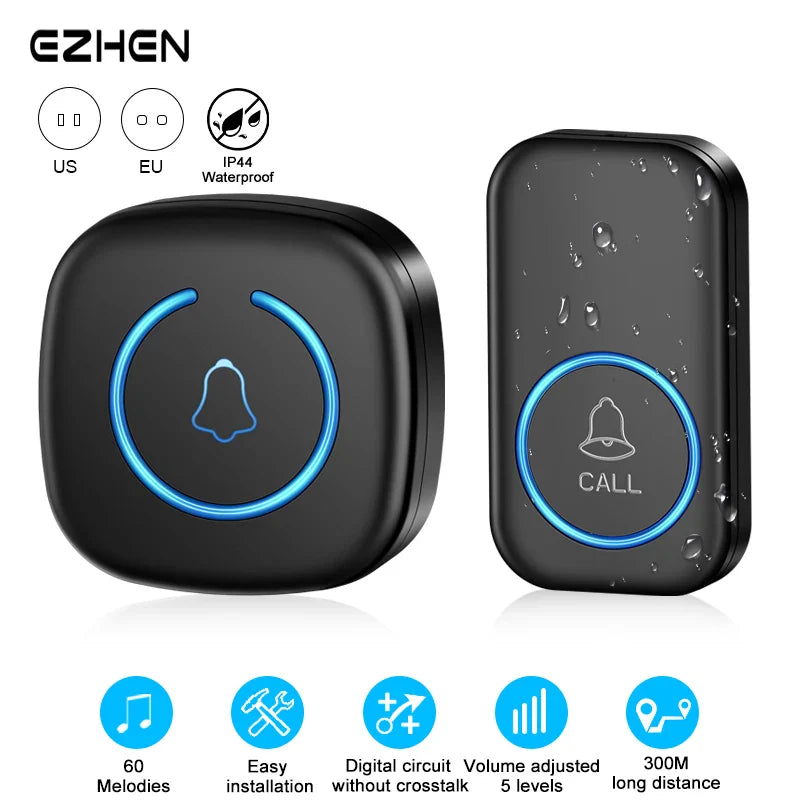 Wireless Smart Doorbell – 300M/984ft Range, 60 Melody Welcome Chimes, Remote Home Door Bell US/EU/UK Plug Options