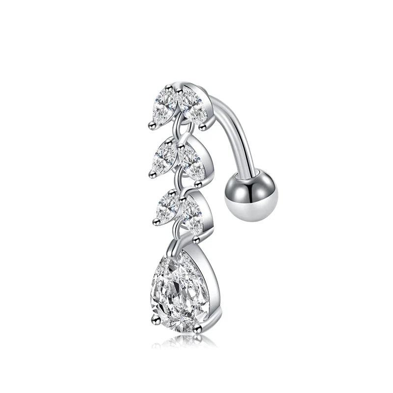 Trendy Women’s Belly Button Ring – Stainless Steel Dangle Navel Piercing with Crystal Flower Punk Jewelry