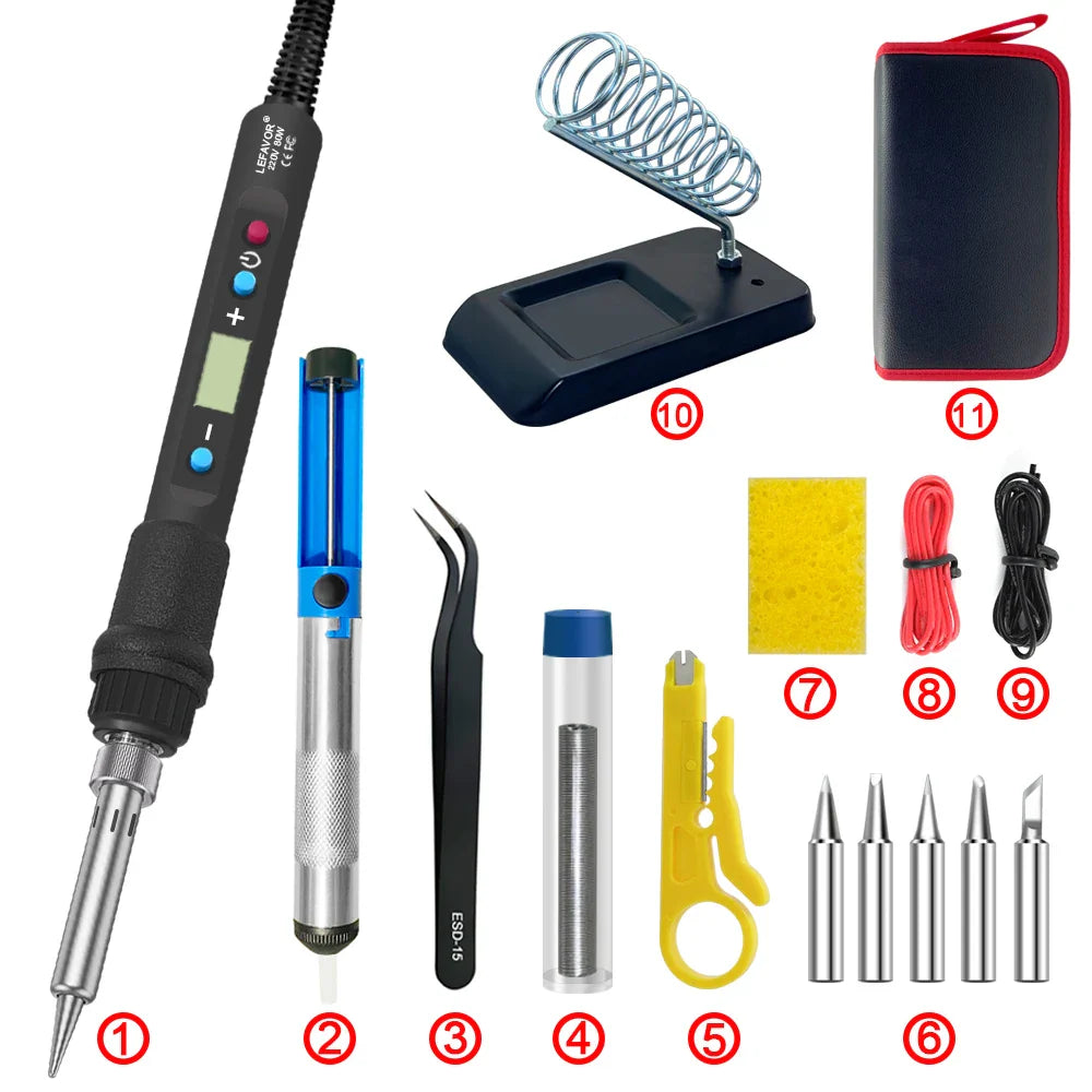 LEFAVOR 80W Digital Soldering Iron Kit – LCD Display, Adjustable 100–500°C, C/F Switch Welding Tool for Home Repair & DIY Projects