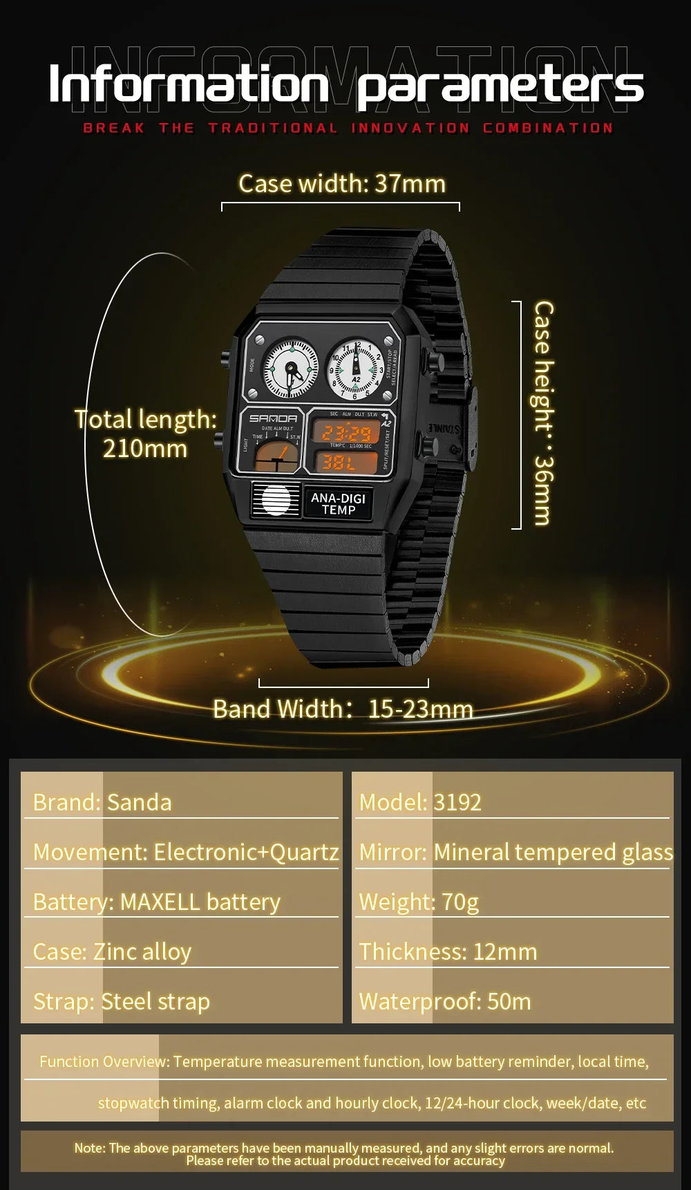 SANDA 3192 Men's LED Square Watch with Thermometer, Stopwatch & Chronograph – Multi-function Casual Timepiece for Youth   2/2