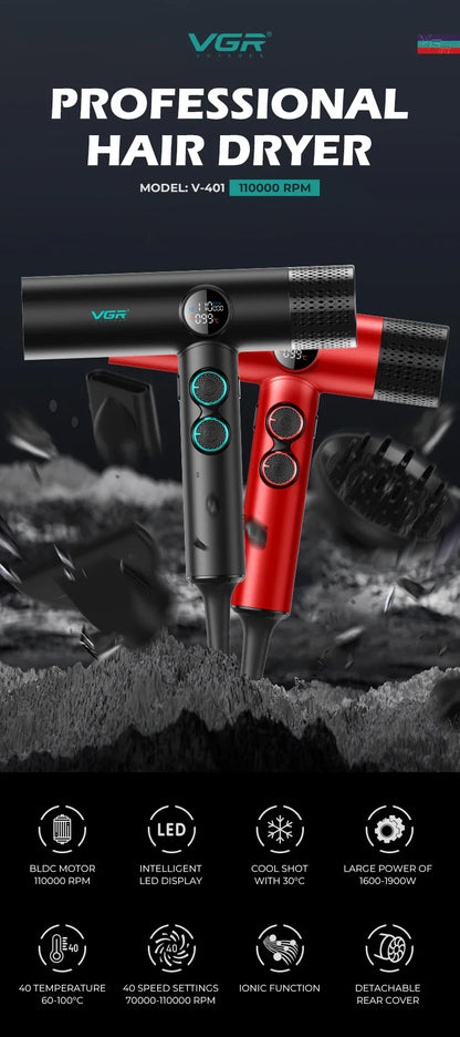 VGR Professional Hair Dryer V-401 — Hot & Cold Adjustment with Brushless Motor 110000 RPM