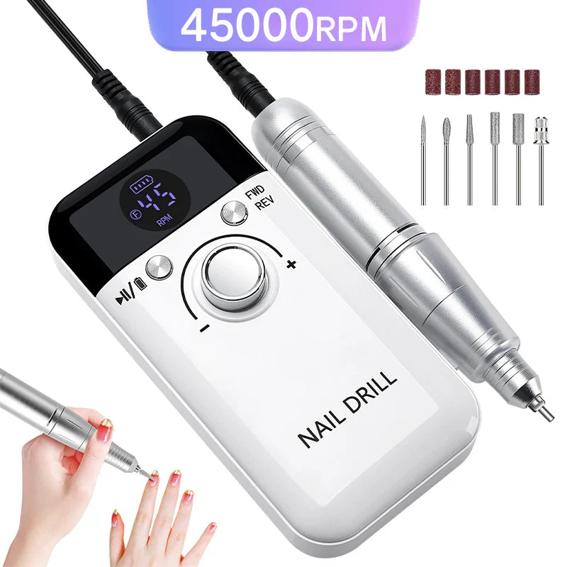 45000RPM Portable Rechargeable Nail Drill Machine – Low Noise Nail Sander & File for Manicure Salon Use