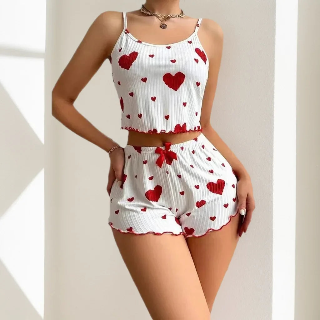Women's Pajamas Set – 2 PCS Sleepwear with Short Tank Tops & Shorts, Soft & Ventilated, S-M-L, White with Love Printing