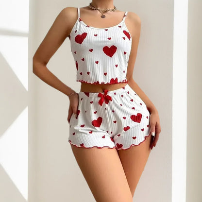 Women's Pajamas Set – 2 PCS Sleepwear with Short Tank Tops & Shorts, Soft & Ventilated, S-M-L, White with Love Printing