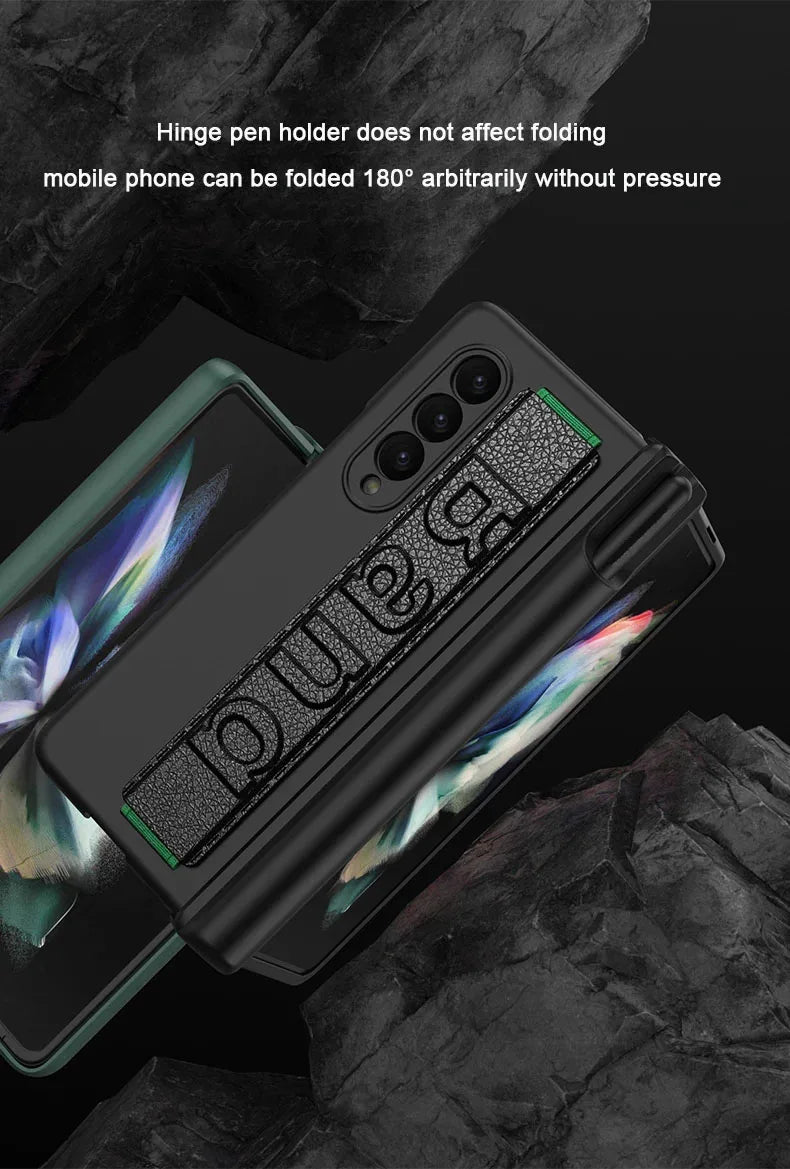 Magnetic Hinge Wrist Strap Case with Pen Slot & Screen Glass for Samsung Galaxy Z Fold 6/5/4/3 – Hard Protective Cover