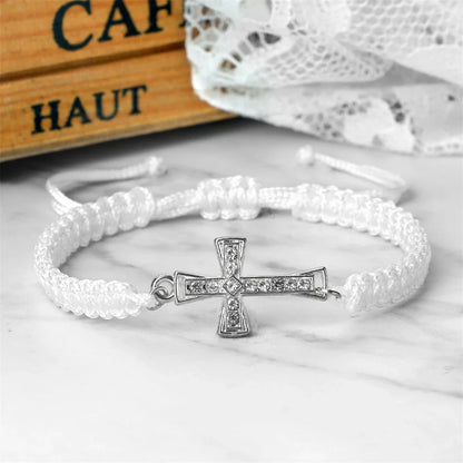 Crystal Cross Pendant Bracelet - Red & Black Braided Prayer Rope Jewelry Gift for Men & Women