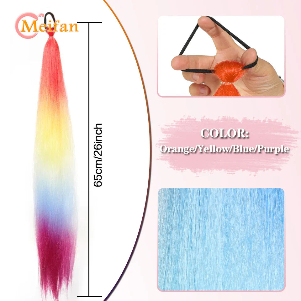 MEIFAN Synthetic Color Braid Ponytail Extension – Red, Green, Blue, Pink, Straight Hair Wrap Around with Elastic Tie