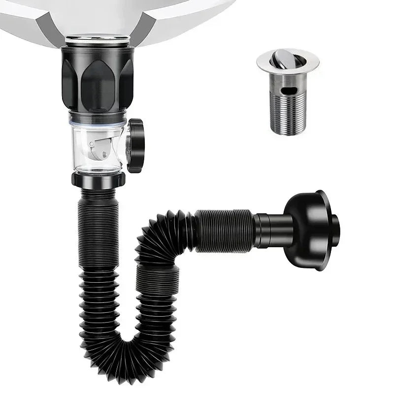 Flip-Top Kitchen Sink Drain with Retractable Deodorizing Filter - Anti-Clogging Flexible Downspout Bathroom Sink Accessory