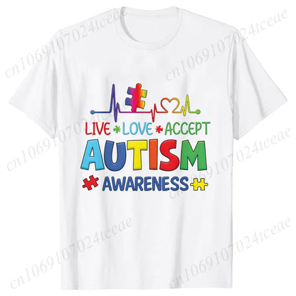 Women’s Live Love Accept Autism Awareness T-Shirt – Graphic Y2K Summer Top for Autism Awareness Month