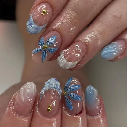 24pcs Short Oval 3D Gel Nail Stickers - Pearl Flower French Acrylic Press-On Nails for Easy Nail Art