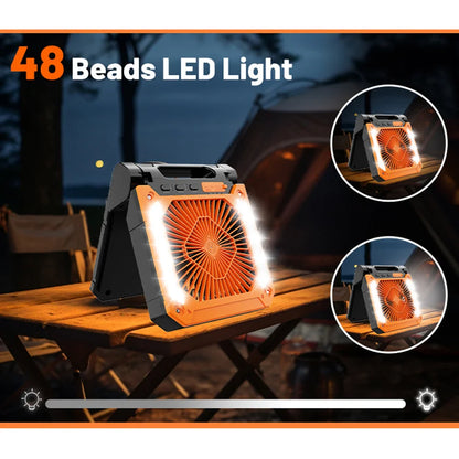 20000mAh Portable Electric Fan with LED Light — USB, Solar & Car Charging for Camping