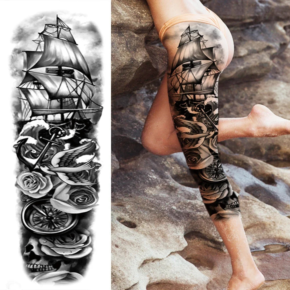 Full Arm Temporary Tattoo Sleeve - Realistic Warrior Lion Tiger Flower & Maori Design Fake Tattoos